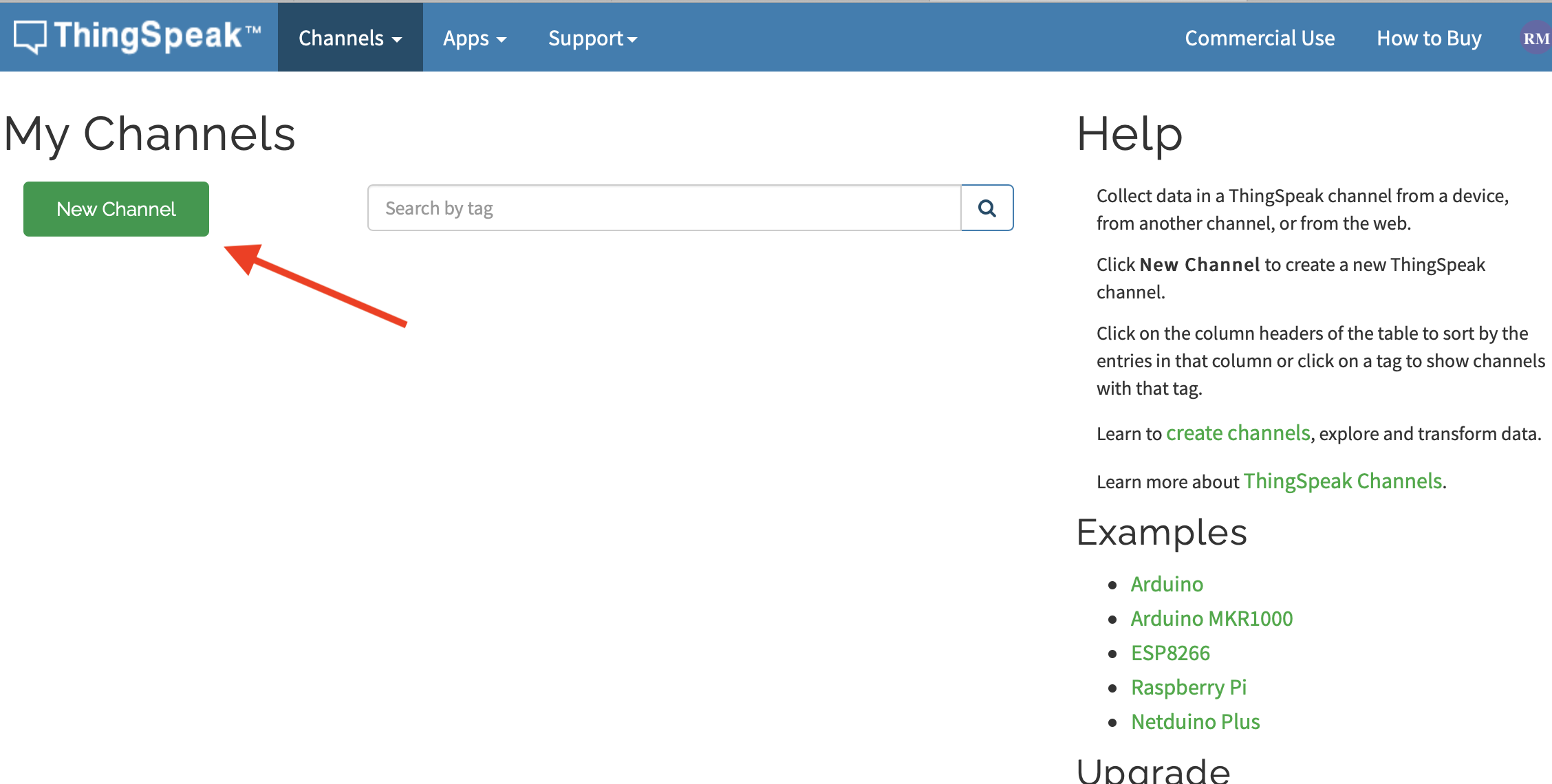 ThingSpeak-Seite nach der Anmeldung