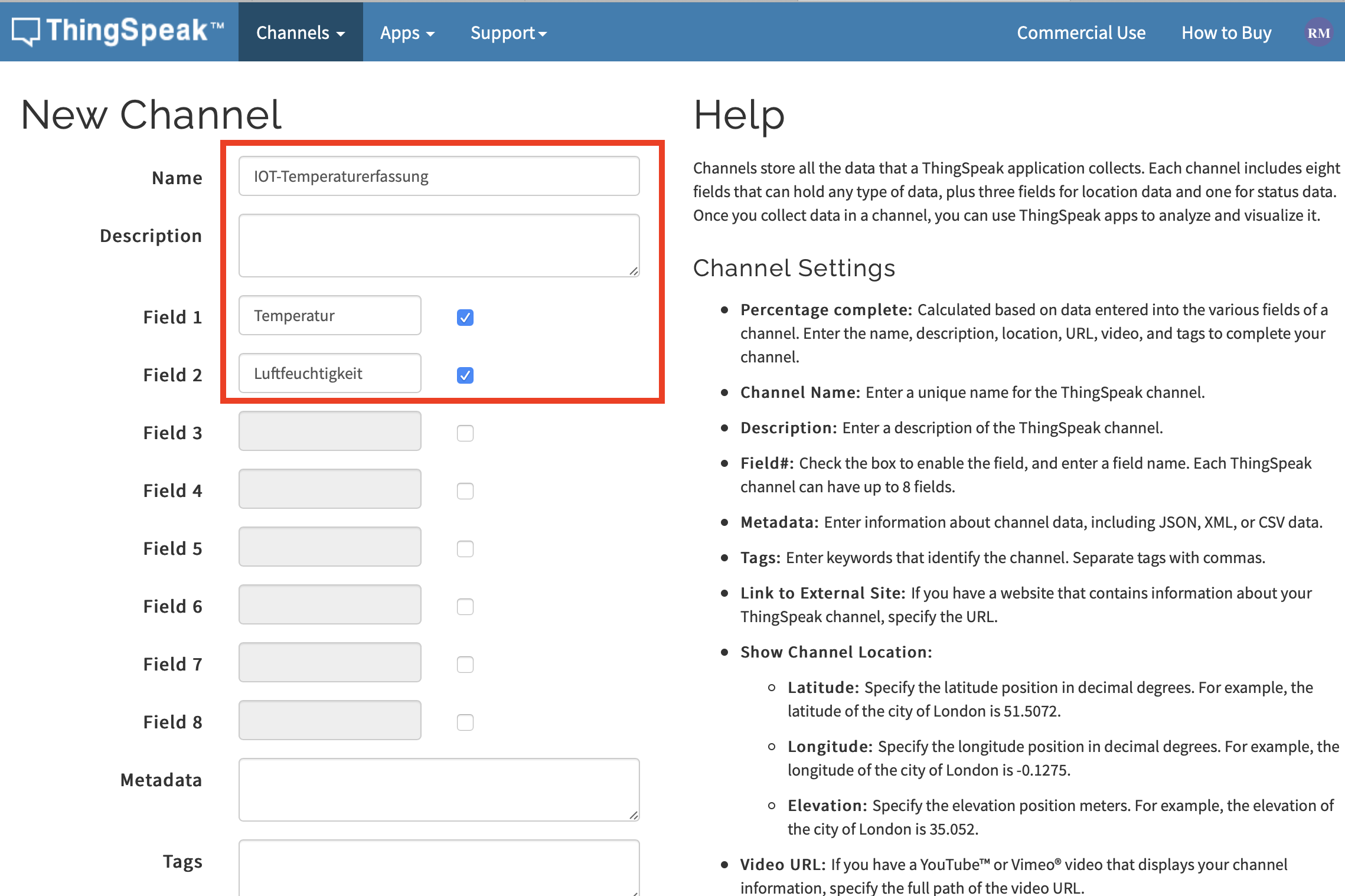 Einstellungen zur Erstellung des Kanals
