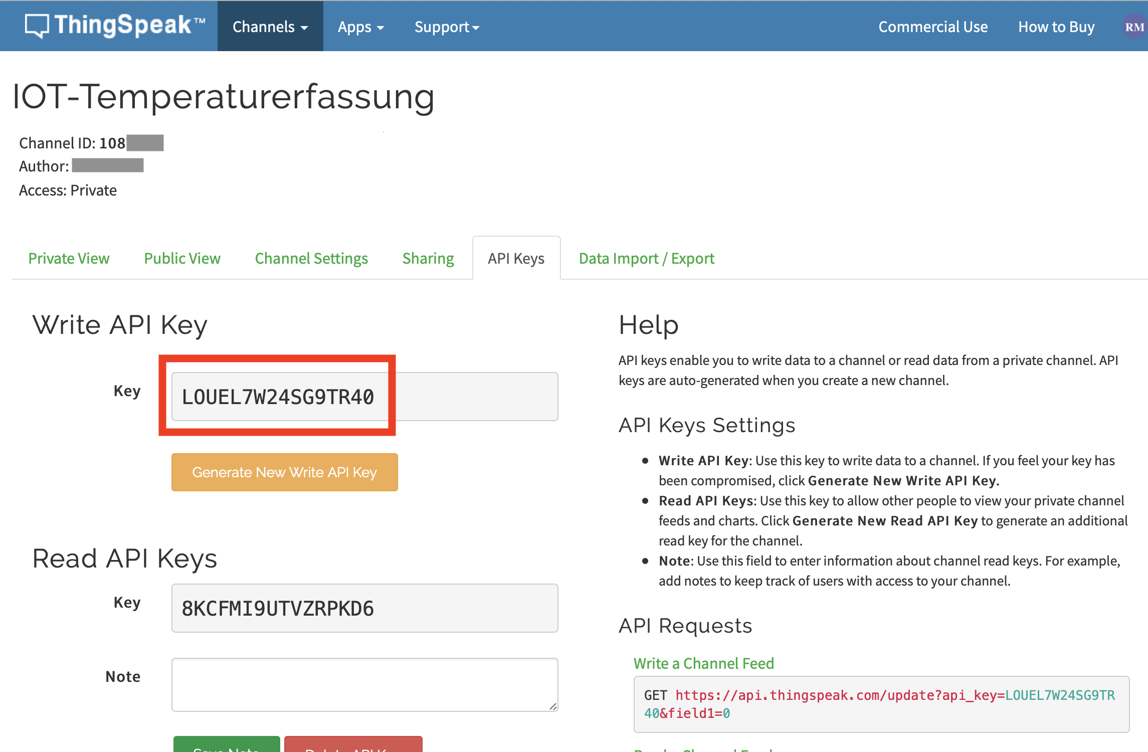 API Keys auf ThingSpeak