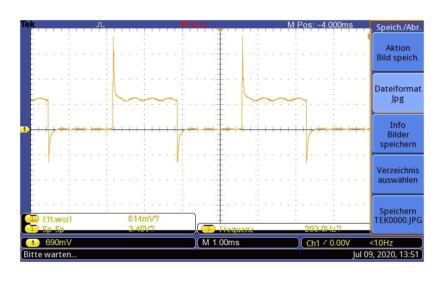Zu sehen ist das Oszilloskopbild des passiven Lautsprechers