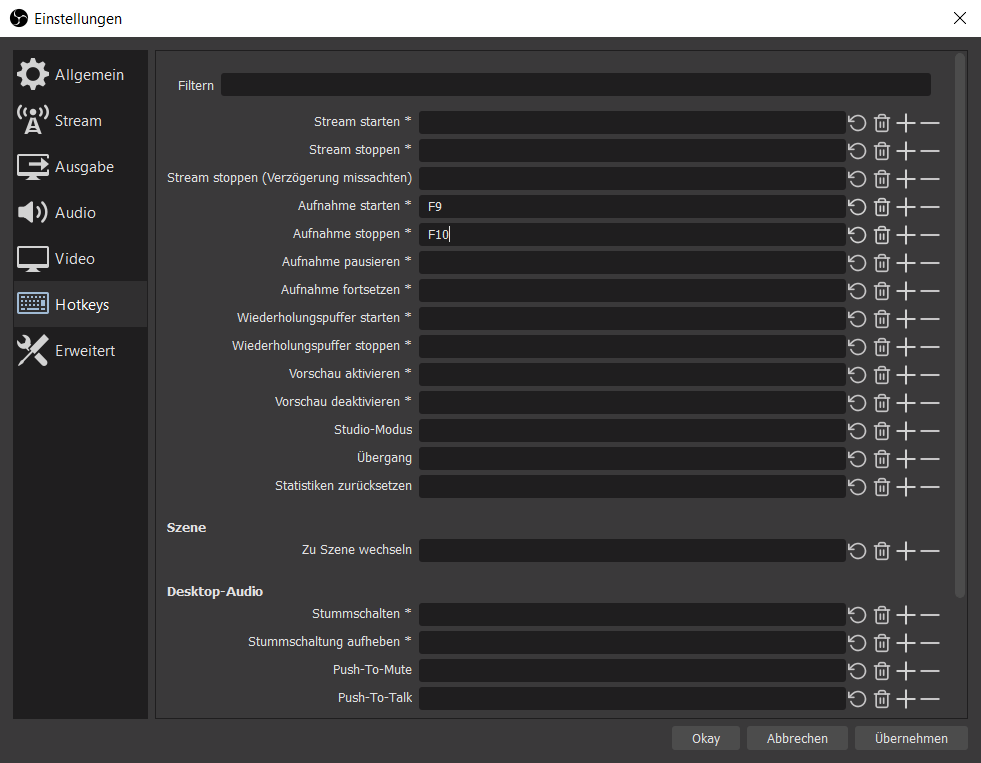 Abbildung 7: OBS Hotkeys