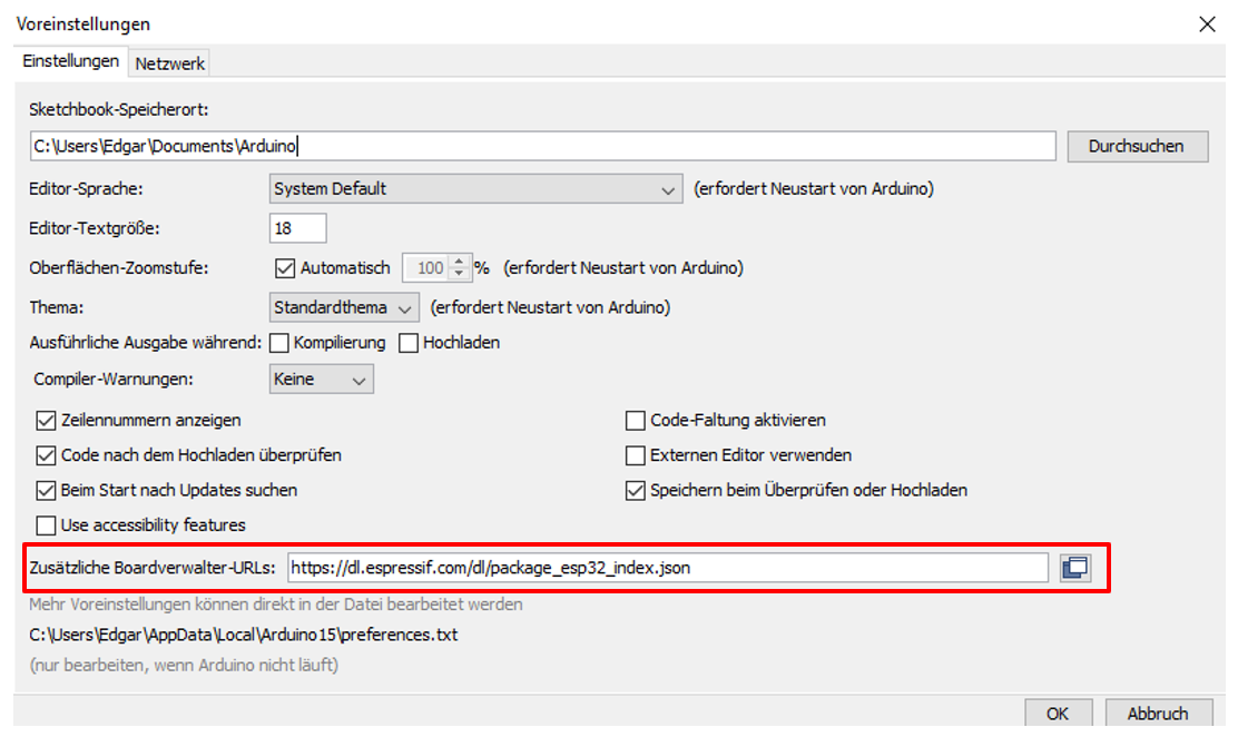 Voreinstellungen in der Arduino IDE