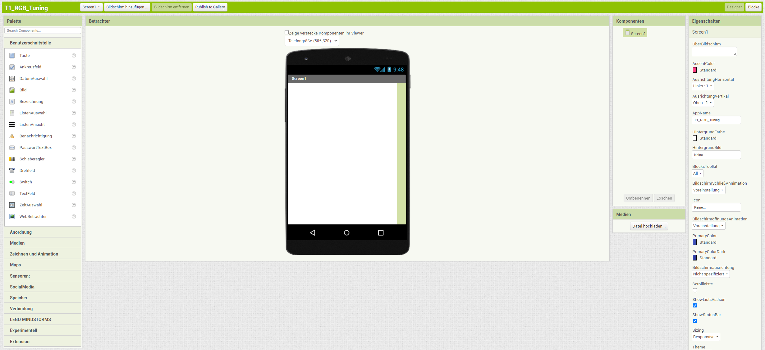 Designer-Ansicht des MIT App Inventors