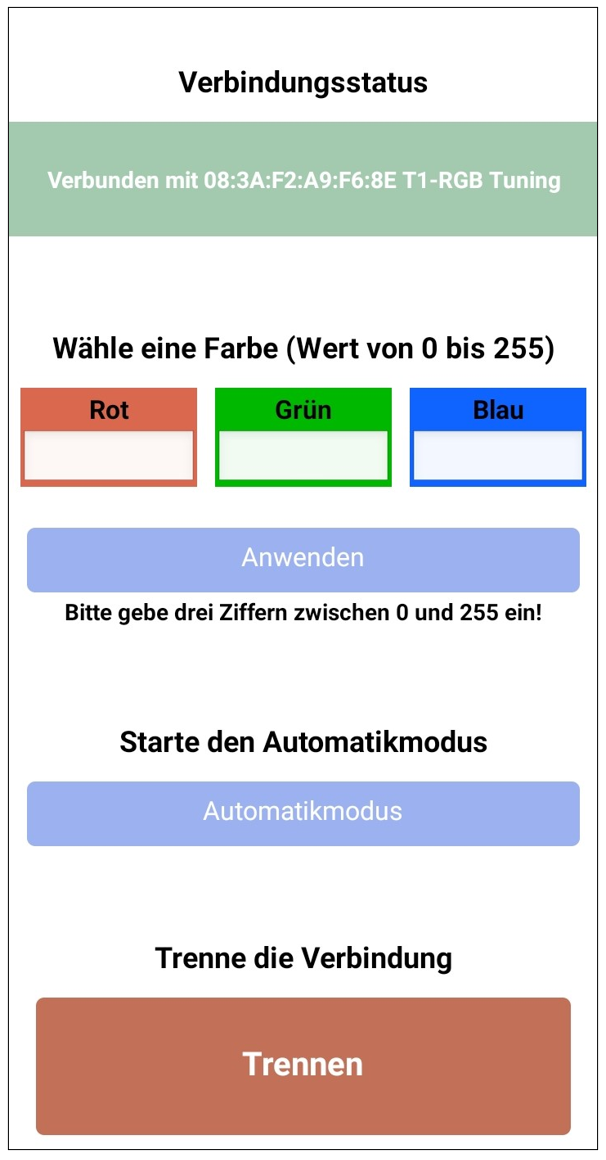 Screenshot des Steuerungsscreens