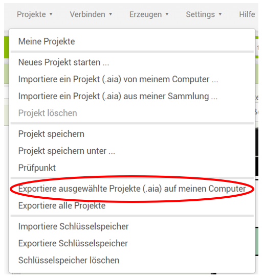 Exportieren eines Projektes im MIT App Inventor