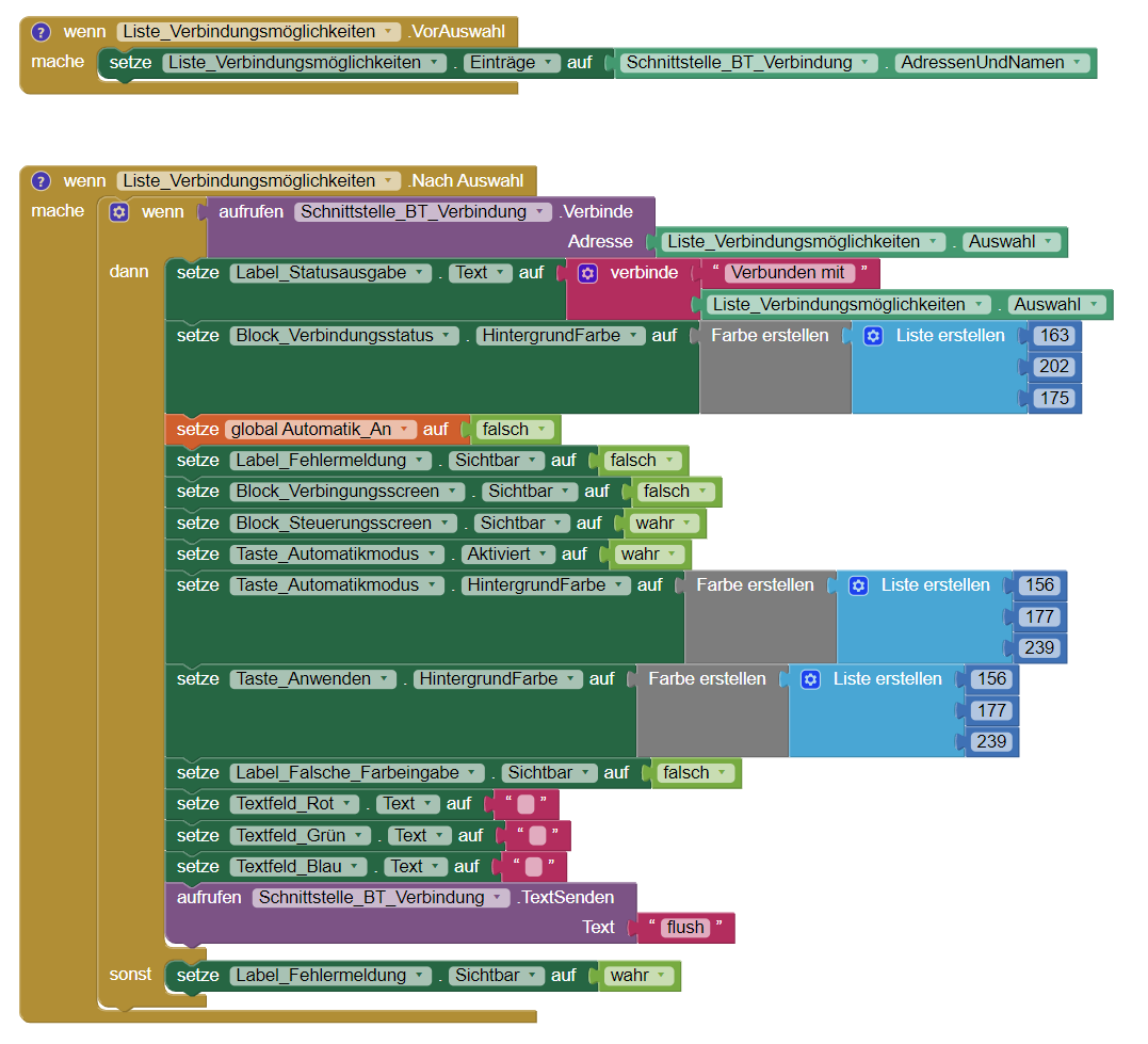 Ausschnitt des App-Programmcodes: Blöcke des "Verbinden"-Buttons