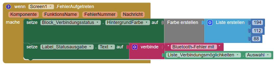Ausschnitt des App-Programmcodes: Block der Fehlerbehandlung bei unerwartetem Abbruch der Bluetooth-Verbindung